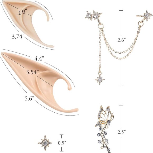 Fairy Elf Ears with Piercings Handmade Butterfly Gold Cuffs Cosplay Accessories - Picture 3 of 6